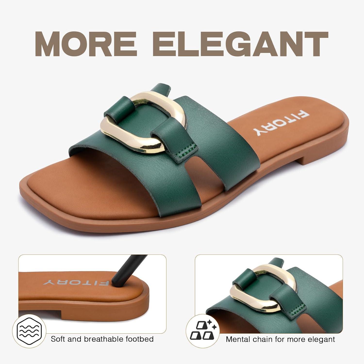 imageFITORY Womens Flat Sandals Fashion Square Open Toe Slides With Metal Chain Slippers for Summer Size 611Green