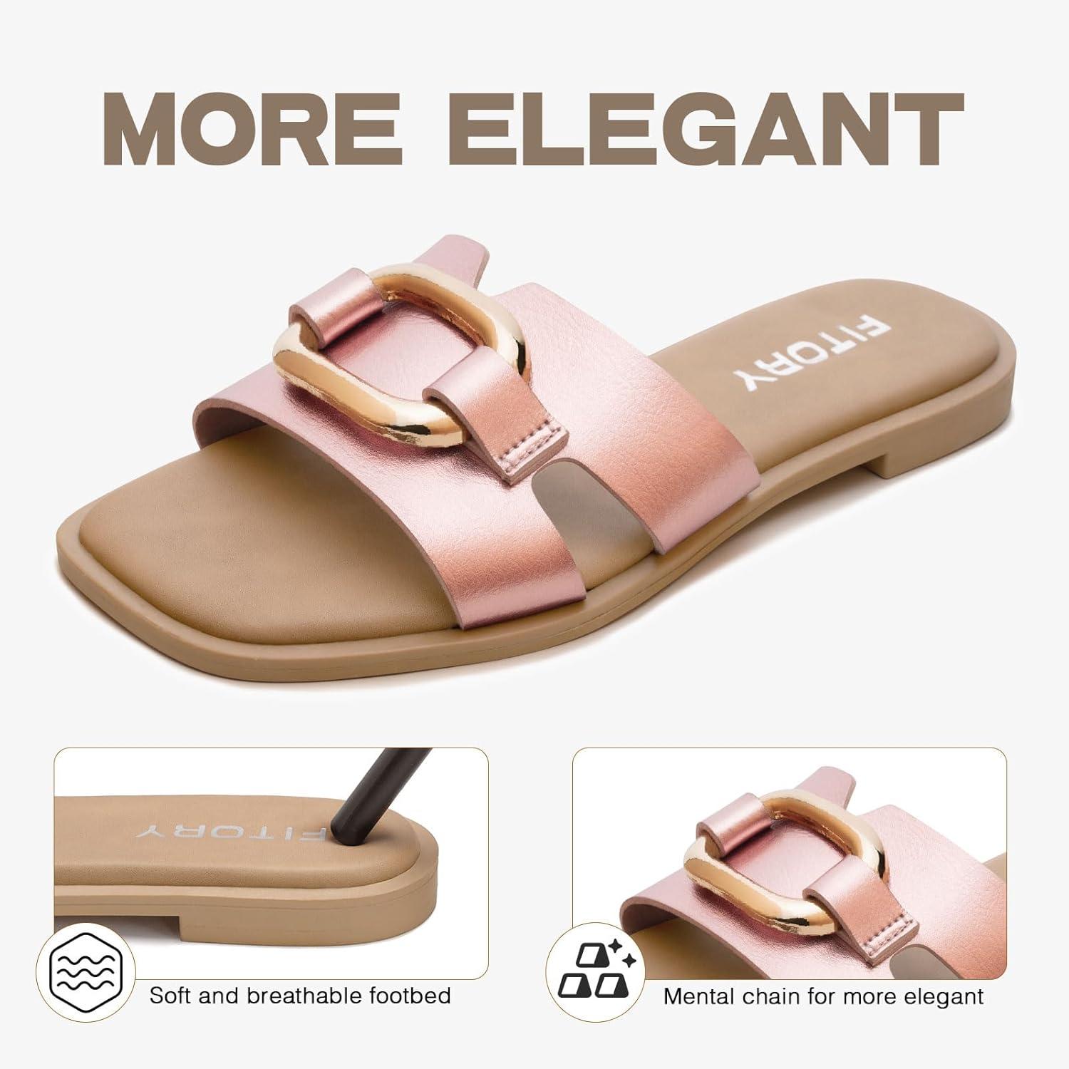 imageFITORY Womens Flat Sandals Fashion Square Open Toe Slides With Metal Chain Slippers for Summer Size 611Rose Gold