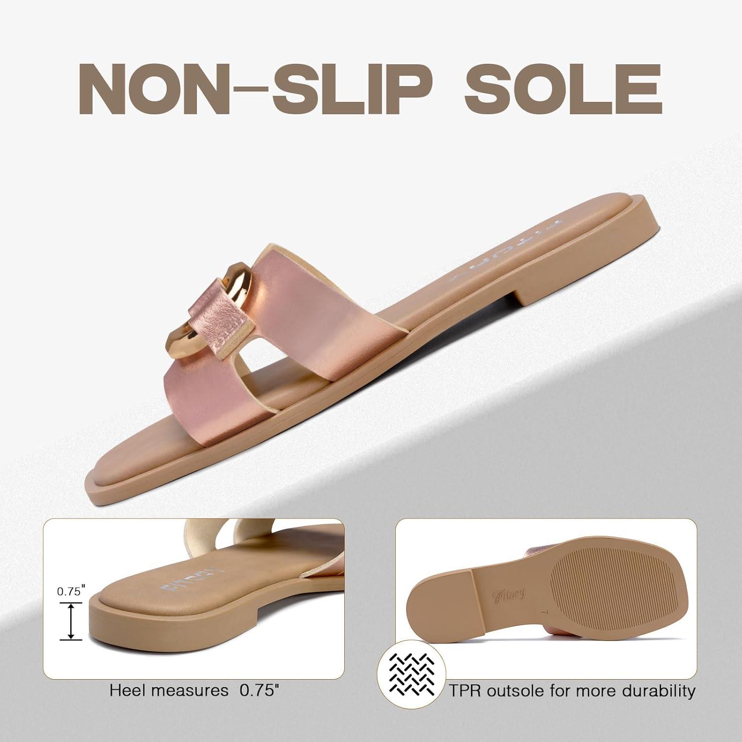imageFITORY Womens Flat Sandals Fashion Square Open Toe Slides With Metal Chain Slippers for Summer Size 611Rose Gold