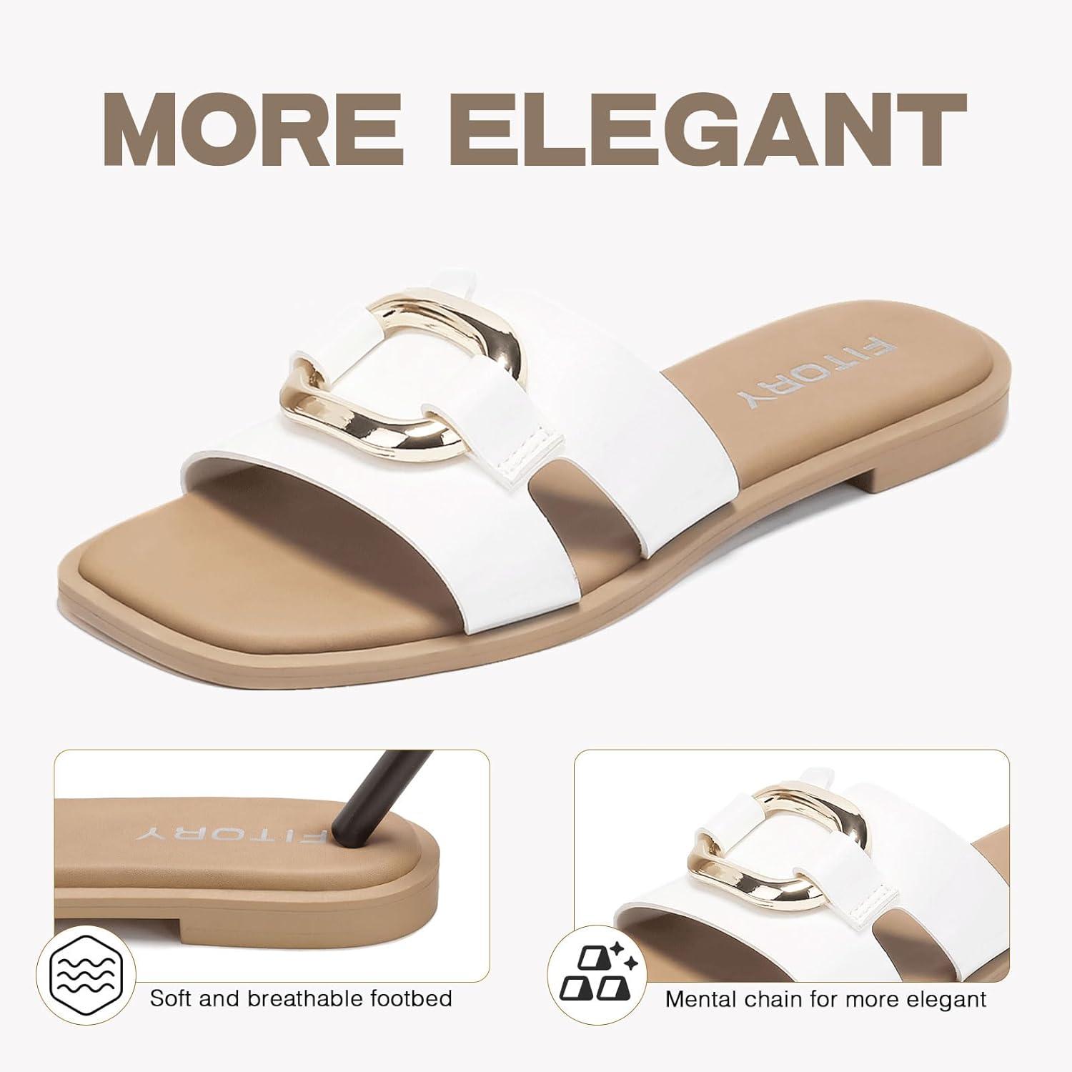 imageFITORY Womens Flat Sandals Fashion Square Open Toe Slides With Metal Chain Slippers for Summer Size 611White