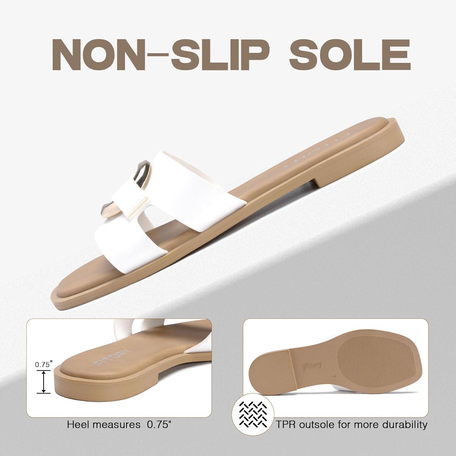 imageFITORY Womens Flat Sandals Fashion Square Open Toe Slides With Metal Chain Slippers for Summer Size 611White