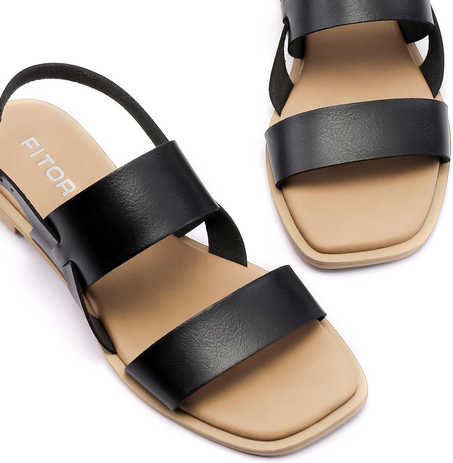 imageFITORY Womens Flat Sandals Fashionable Square Open Toe Adjustable Buckle Slippers Summer Size 611Black