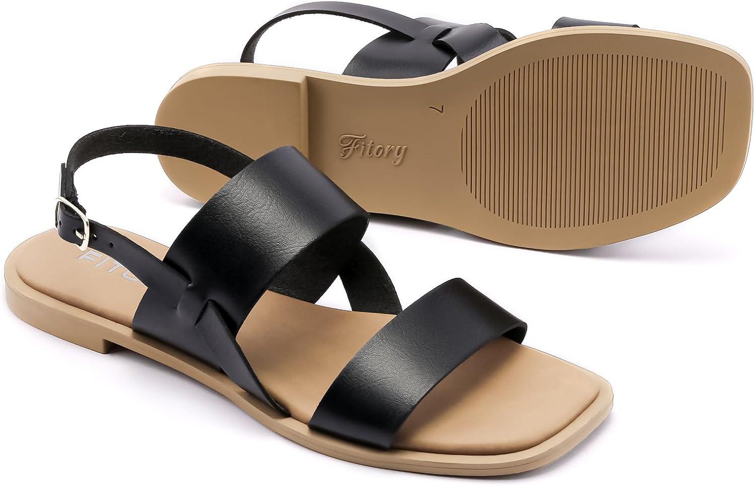 imageFITORY Womens Flat Sandals Fashionable Square Open Toe Adjustable Buckle Slippers Summer Size 611Black