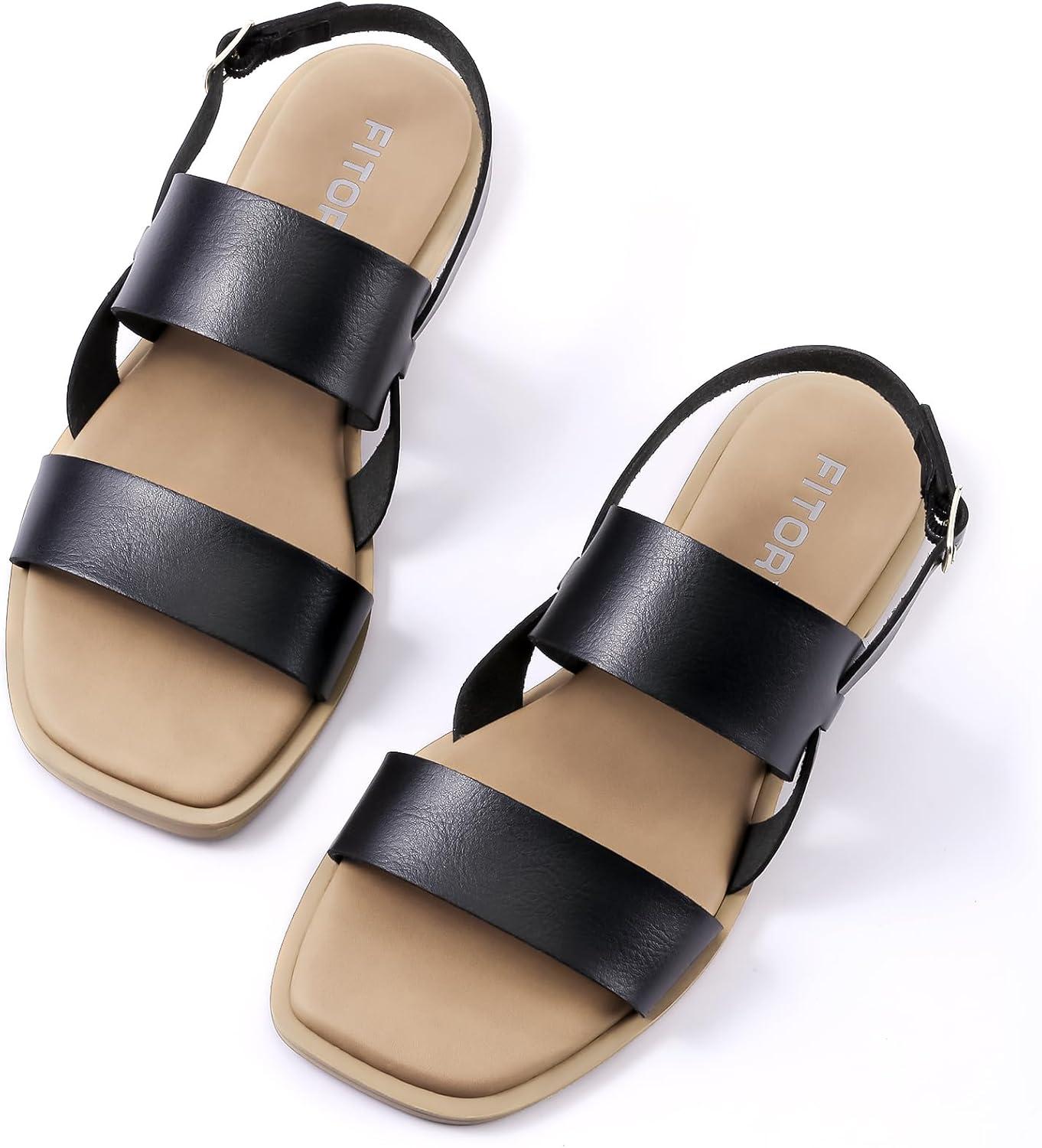 imageFITORY Womens Flat Sandals Fashionable Square Open Toe Adjustable Buckle Slippers Summer Size 611Black