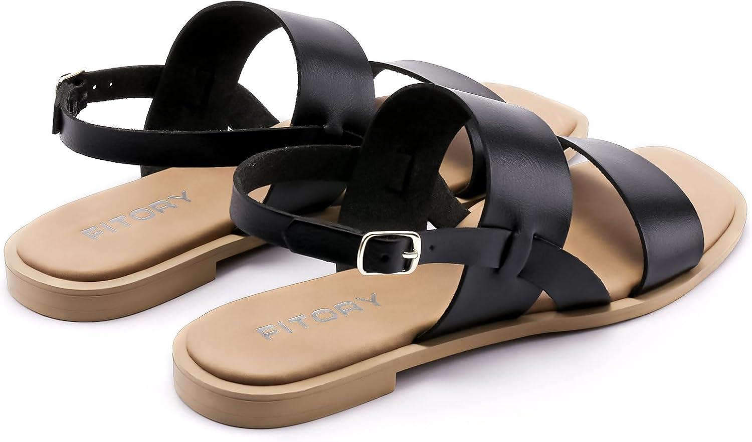 imageFITORY Womens Flat Sandals Fashionable Square Open Toe Adjustable Buckle Slippers Summer Size 611Black
