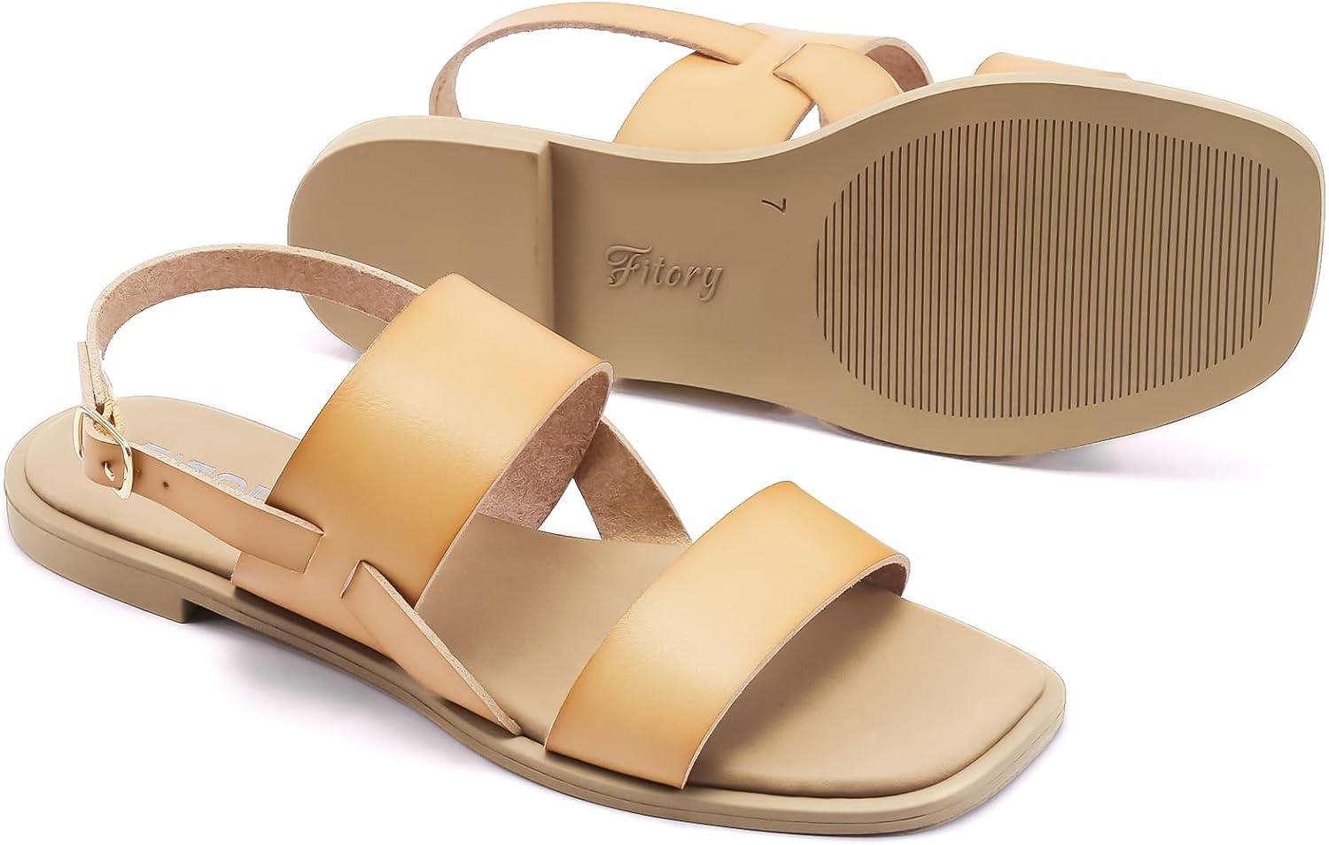 imageFITORY Womens Flat Sandals Fashionable Square Open Toe Adjustable Buckle Slippers Summer Size 611Camel