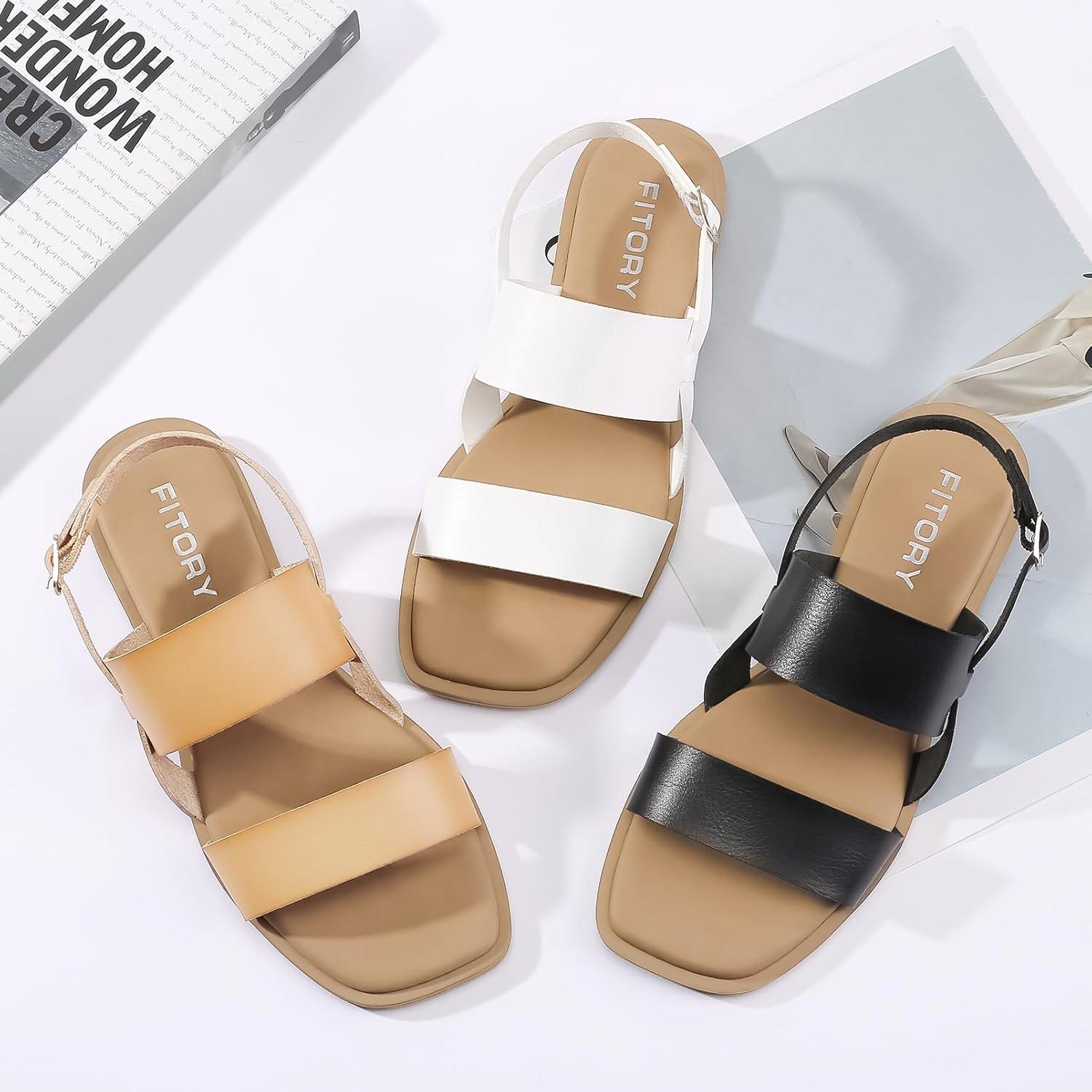 imageFITORY Womens Flat Sandals Fashionable Square Open Toe Adjustable Buckle Slippers Summer Size 611Camel