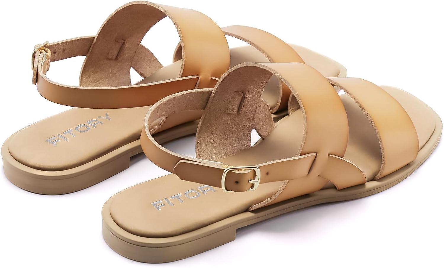 imageFITORY Womens Flat Sandals Fashionable Square Open Toe Adjustable Buckle Slippers Summer Size 611Camel