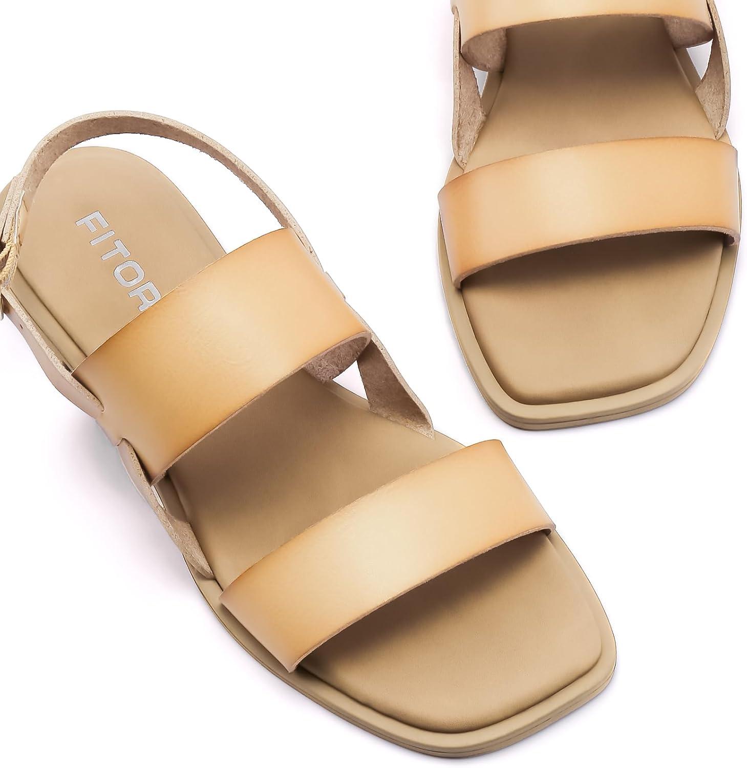 imageFITORY Womens Flat Sandals Fashionable Square Open Toe Adjustable Buckle Slippers Summer Size 611Camel