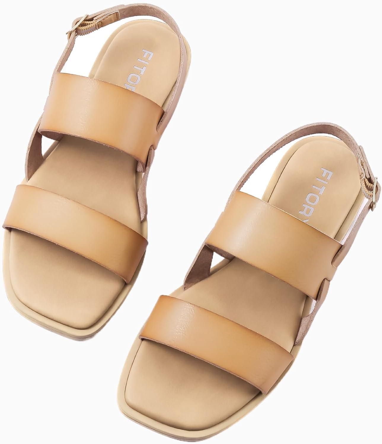 imageFITORY Womens Flat Sandals Fashionable Square Open Toe Adjustable Buckle Slippers Summer Size 611Camel