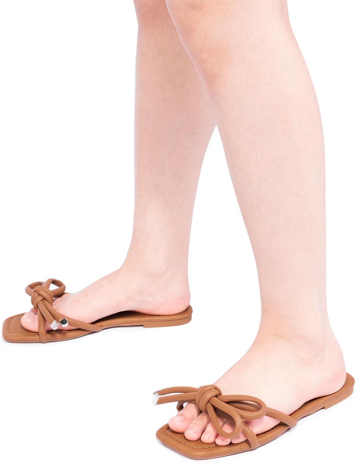 imageFITORY Womens Flat Sandals Square Open Toe Thong with Cute Knot for Summer Size 611All Brown