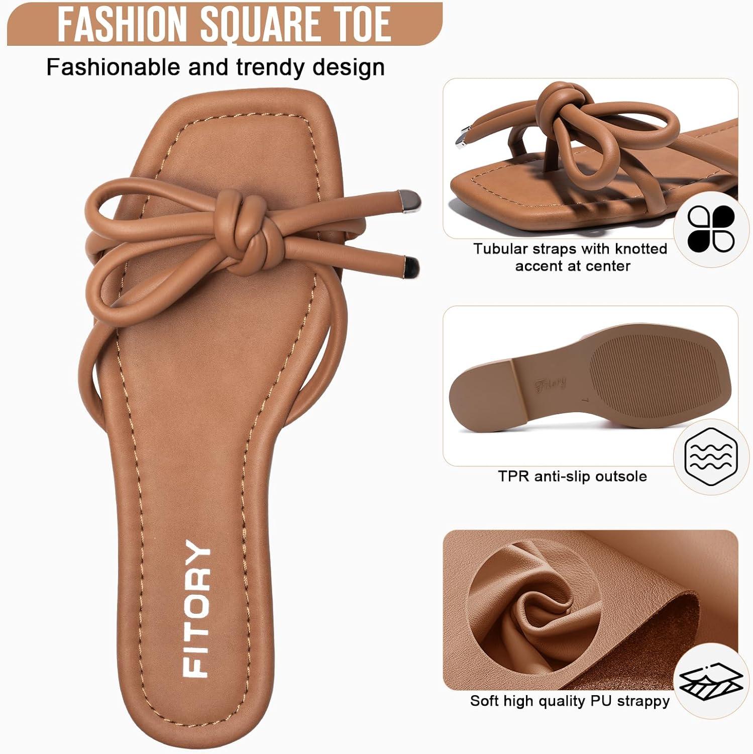 imageFITORY Womens Flat Sandals Square Open Toe Thong with Cute Knot for Summer Size 611All Brown