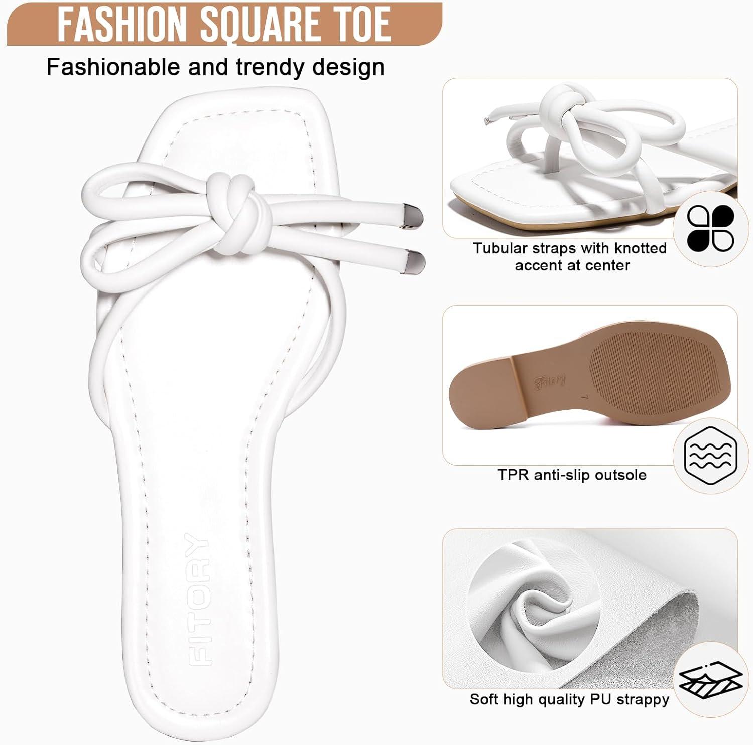 imageFITORY Womens Flat Sandals Square Open Toe Thong with Cute Knot for Summer Size 611All White