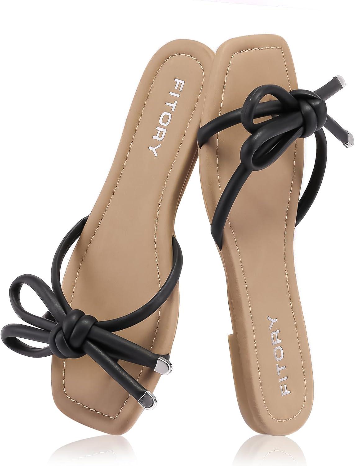 imageFITORY Womens Flat Sandals Square Open Toe Thong with Cute Knot for Summer Size 611Black