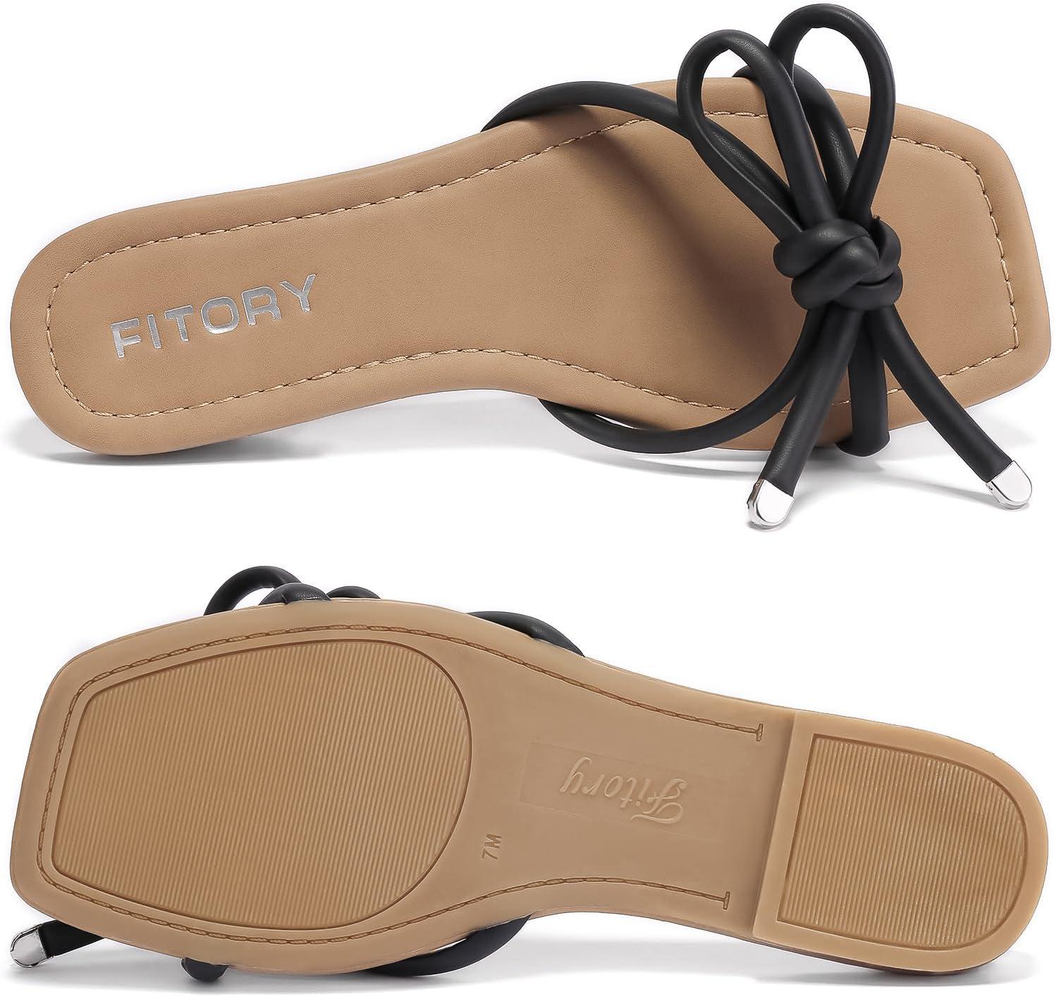 imageFITORY Womens Flat Sandals Square Open Toe Thong with Cute Knot for Summer Size 611Black