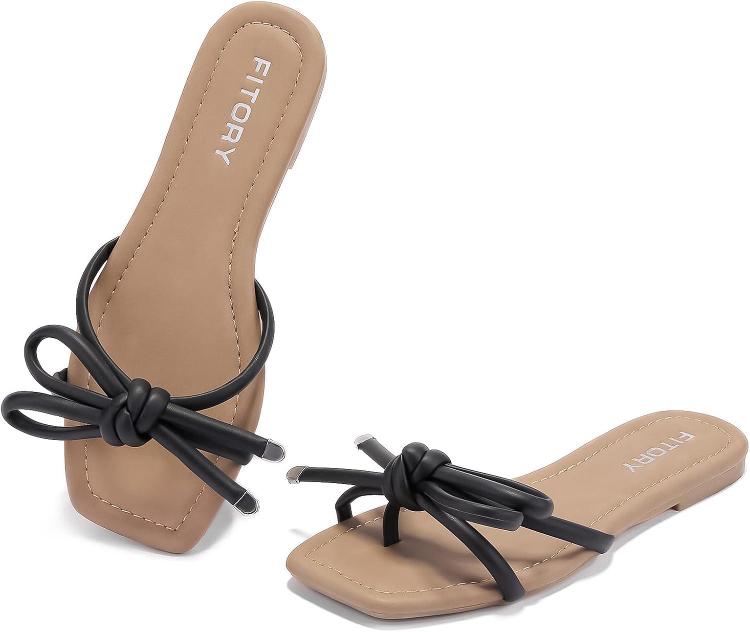 imageFITORY Womens Flat Sandals Square Open Toe Thong with Cute Knot for Summer Size 611Black