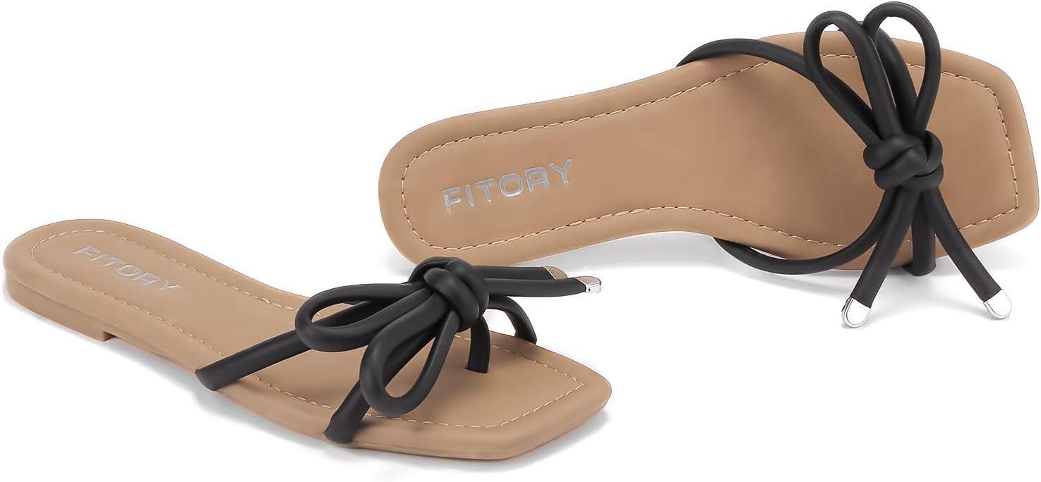 imageFITORY Womens Flat Sandals Square Open Toe Thong with Cute Knot for Summer Size 611Black