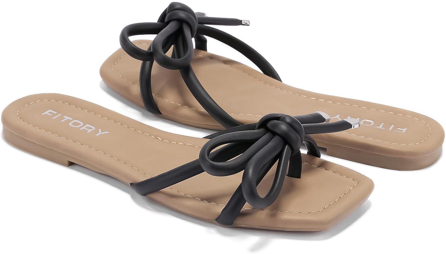 imageFITORY Womens Flat Sandals Square Open Toe Thong with Cute Knot for Summer Size 611Black