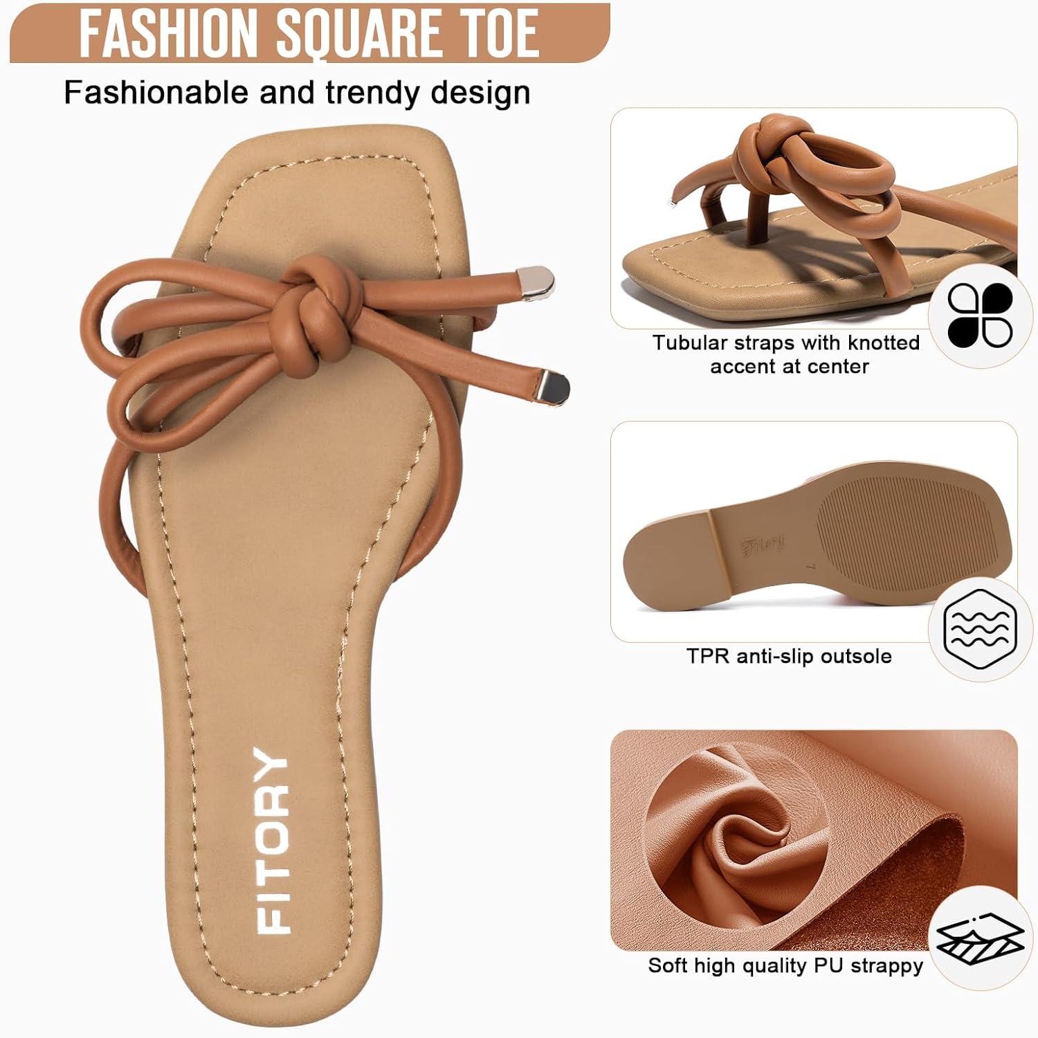 imageFITORY Womens Flat Sandals Square Open Toe Thong with Cute Knot for Summer Size 611Brown