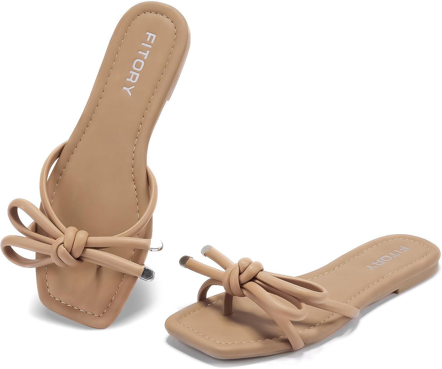 imageFITORY Womens Flat Sandals Square Open Toe Thong with Cute Knot for Summer Size 611Camel