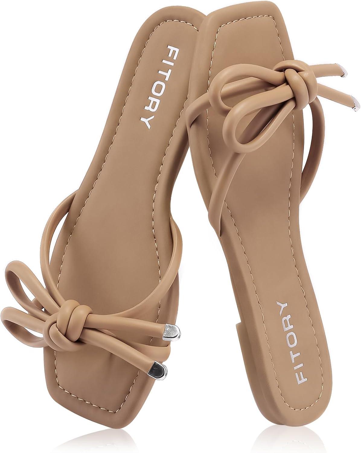 imageFITORY Womens Flat Sandals Square Open Toe Thong with Cute Knot for Summer Size 611Camel