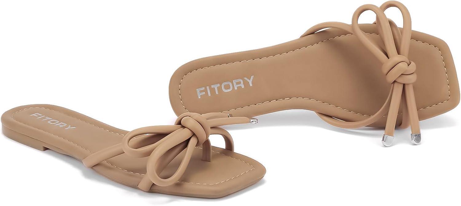 imageFITORY Womens Flat Sandals Square Open Toe Thong with Cute Knot for Summer Size 611Camel