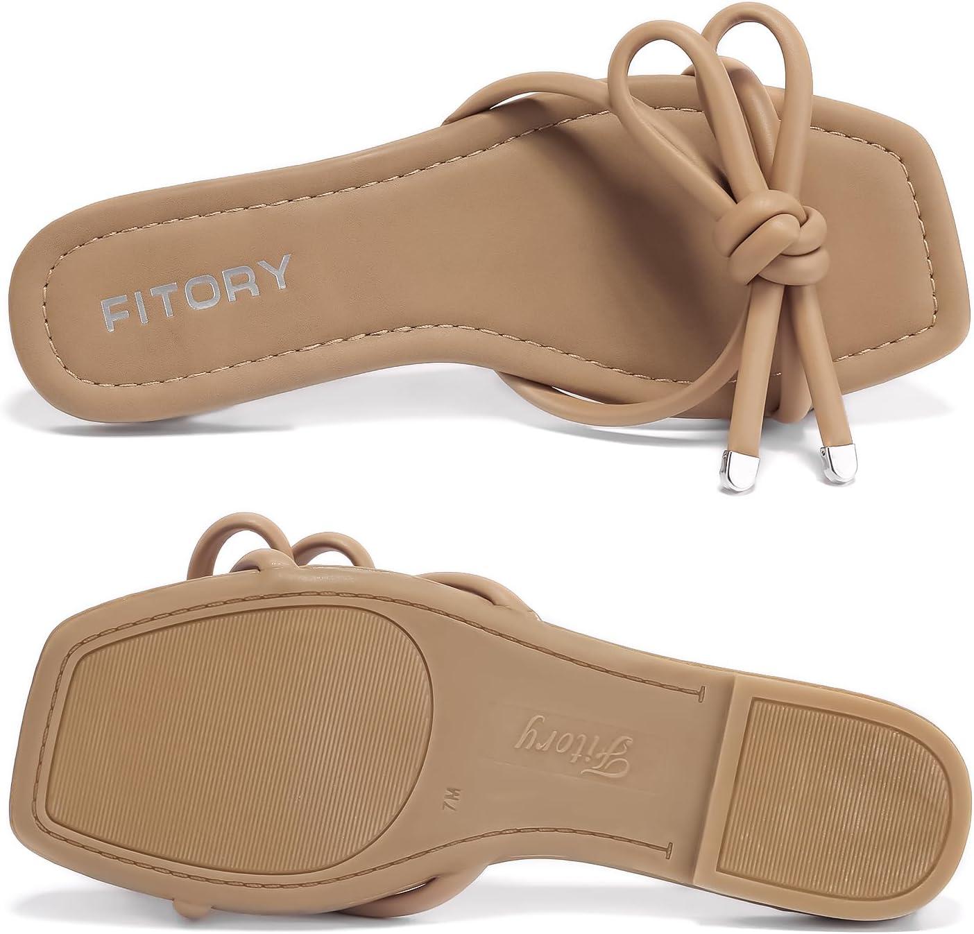 imageFITORY Womens Flat Sandals Square Open Toe Thong with Cute Knot for Summer Size 611Camel