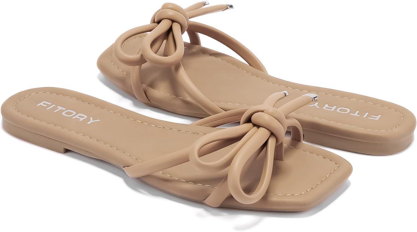 imageFITORY Womens Flat Sandals Square Open Toe Thong with Cute Knot for Summer Size 611Camel