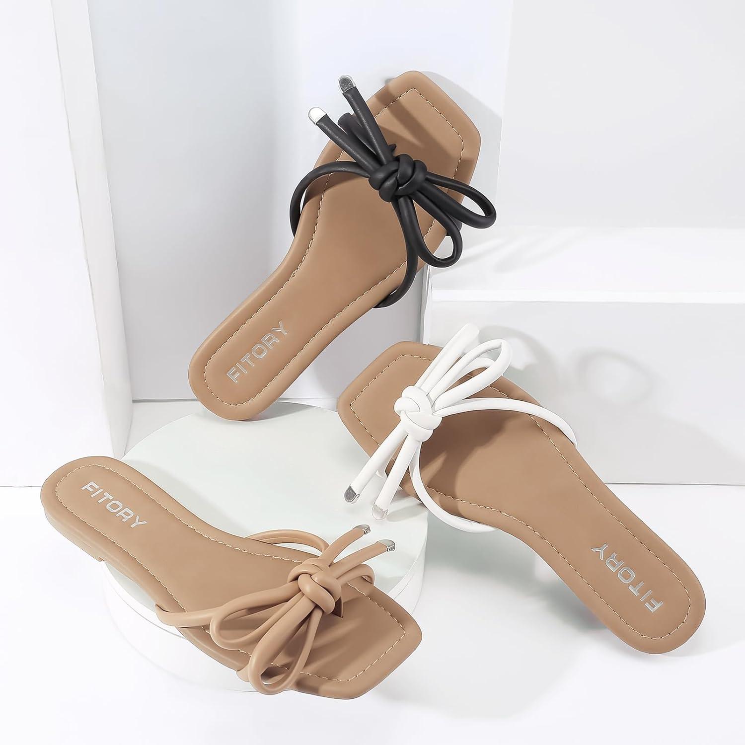 imageFITORY Womens Flat Sandals Square Open Toe Thong with Cute Knot for Summer Size 611Camel