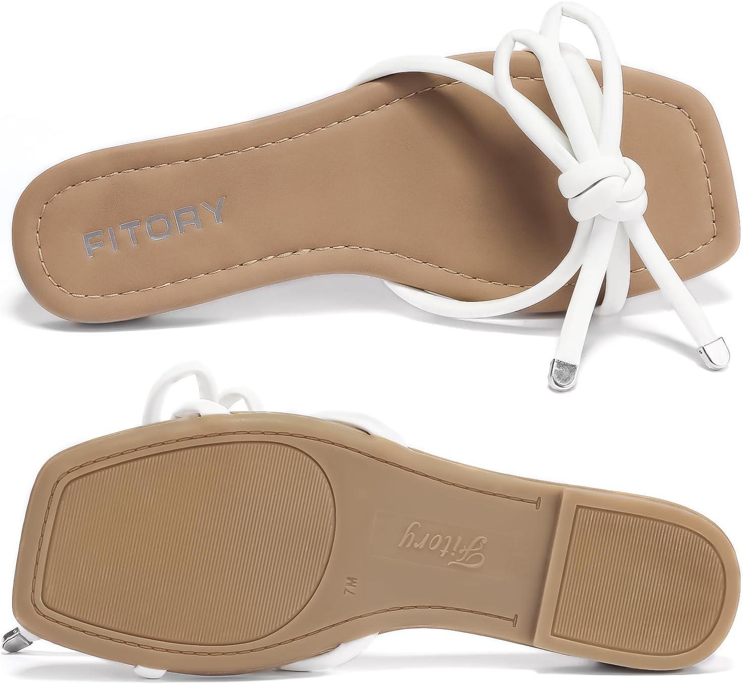 imageFITORY Womens Flat Sandals Square Open Toe Thong with Cute Knot for Summer Size 611White