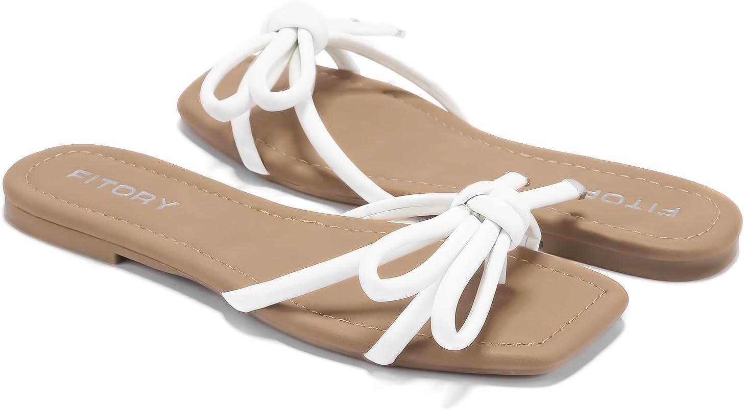 imageFITORY Womens Flat Sandals Square Open Toe Thong with Cute Knot for Summer Size 611White