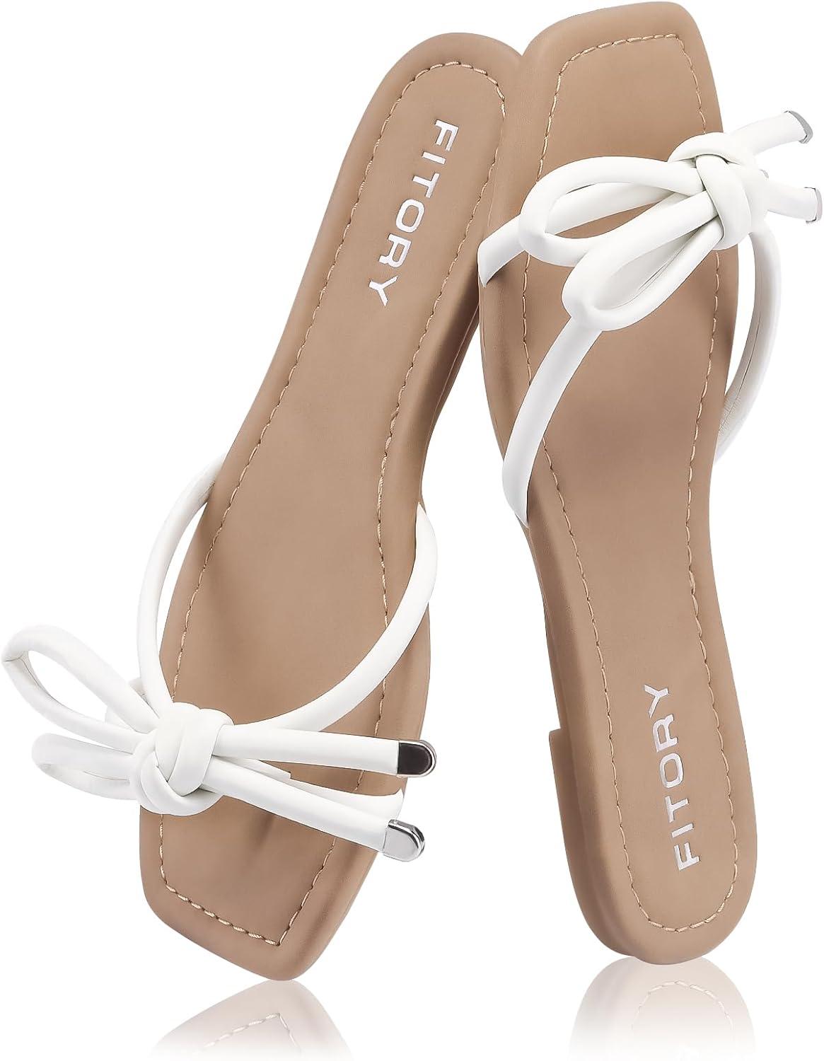 imageFITORY Womens Flat Sandals Square Open Toe Thong with Cute Knot for Summer Size 611White