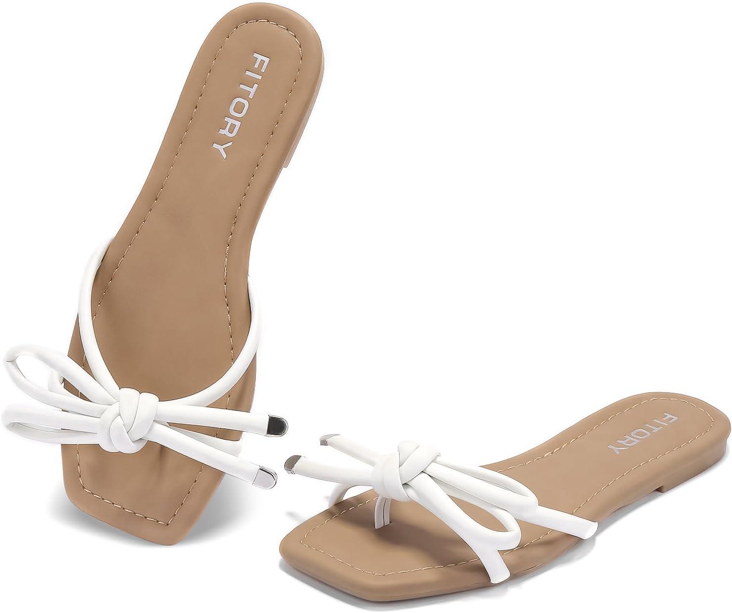 imageFITORY Womens Flat Sandals Square Open Toe Thong with Cute Knot for Summer Size 611White
