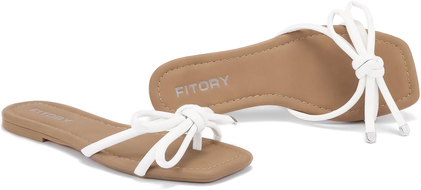 imageFITORY Womens Flat Sandals Square Open Toe Thong with Cute Knot for Summer Size 611White