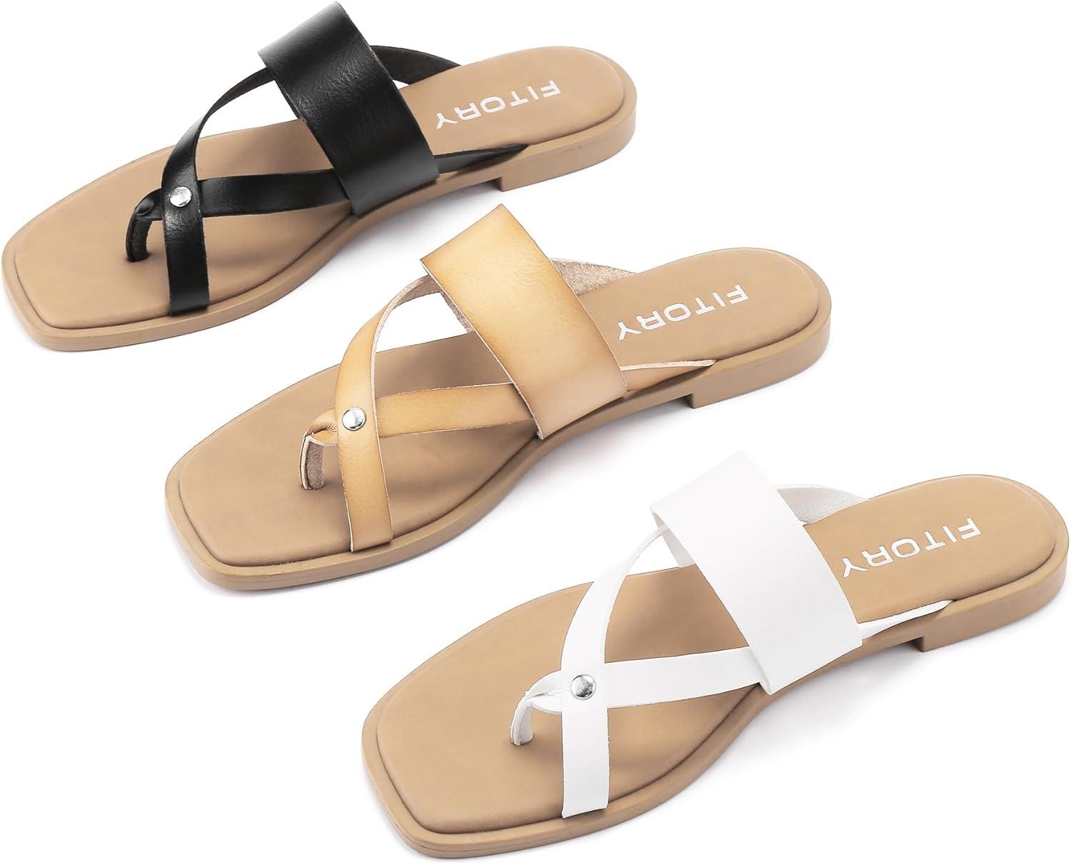 imageFITORY Womens Flat Sandals With Casual Fashion Slides and Flip Flops Split Toes Style for Lady Summer Size 611Camel