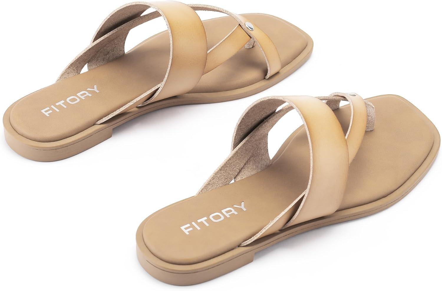 imageFITORY Womens Flat Sandals With Casual Fashion Slides and Flip Flops Split Toes Style for Lady Summer Size 611Camel