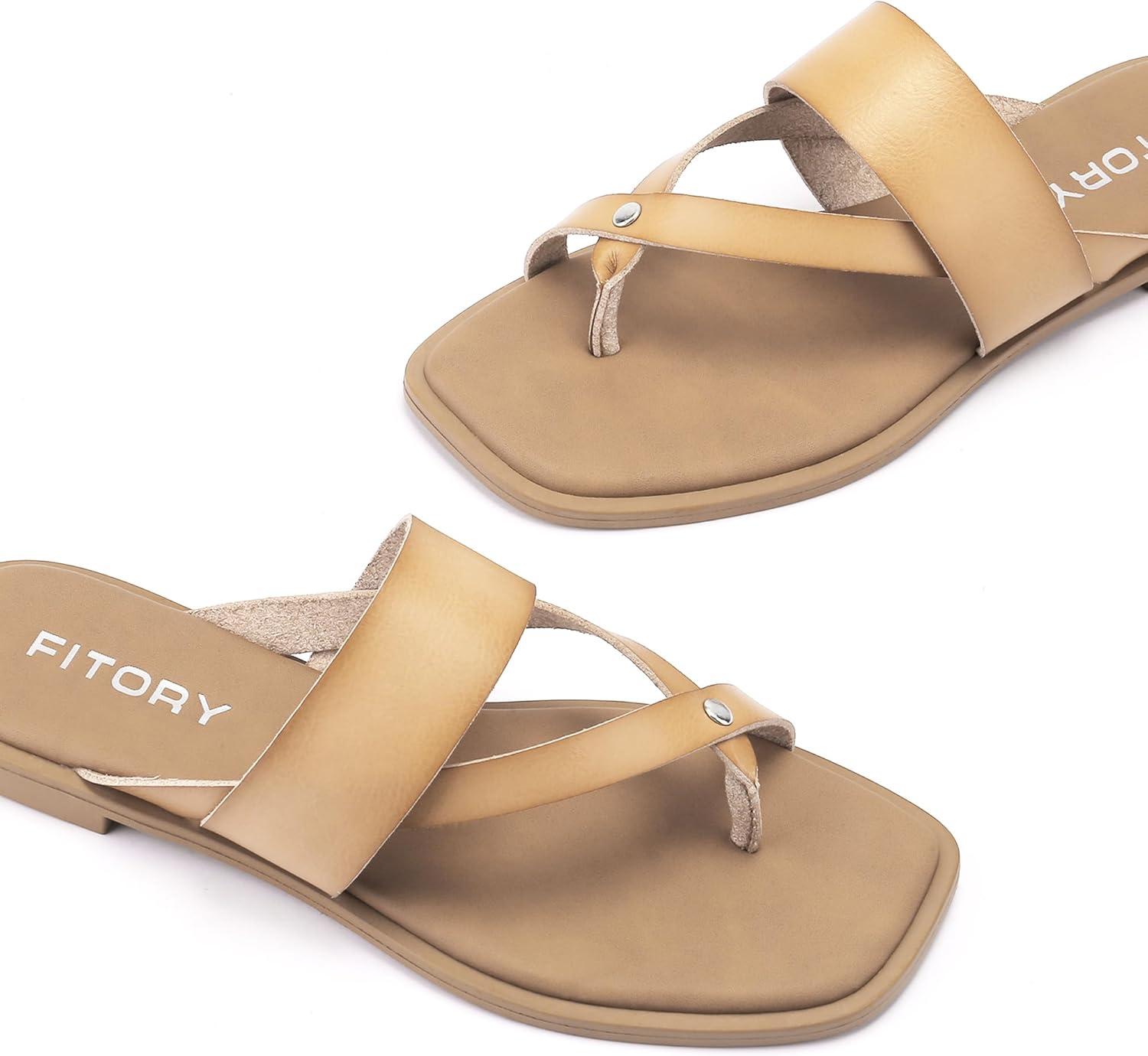 imageFITORY Womens Flat Sandals With Casual Fashion Slides and Flip Flops Split Toes Style for Lady Summer Size 611Camel
