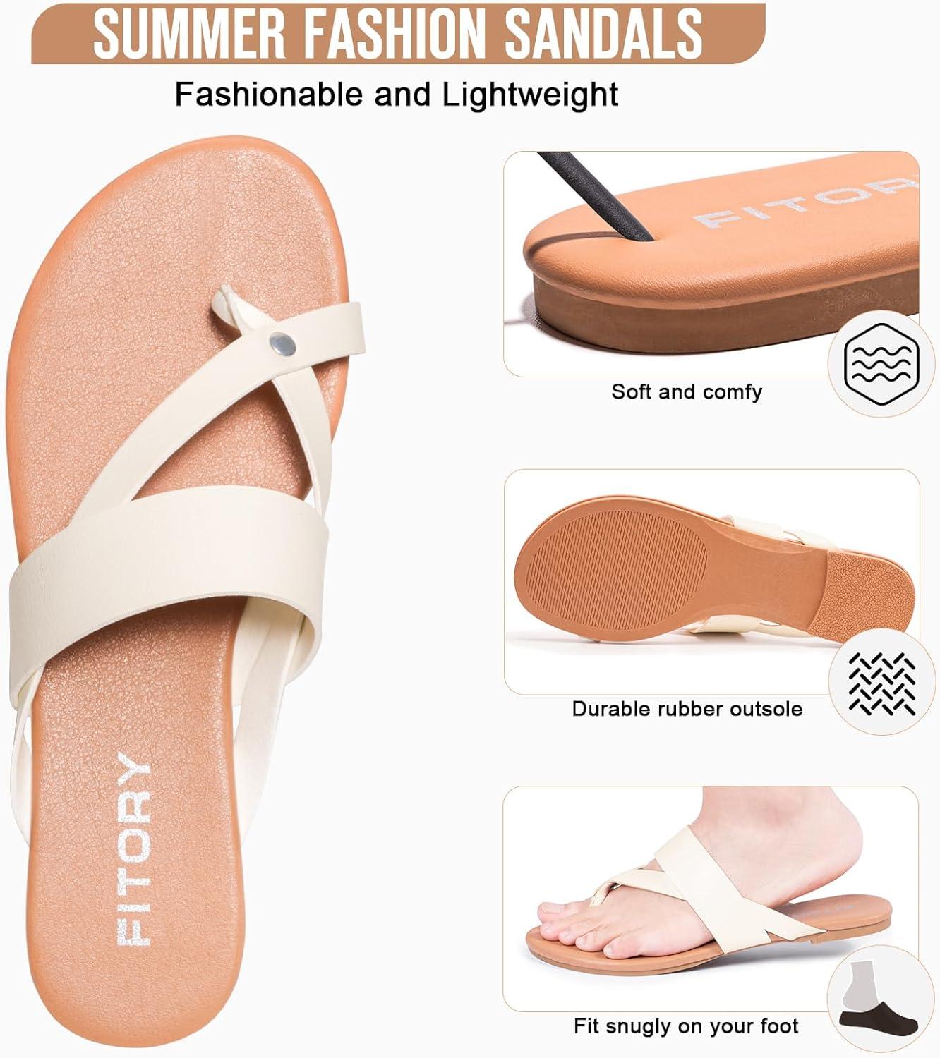 imageFITORY Womens Flat Sandals With Casual Fashion Slides and Flip Flops Split Toes Style for Lady Summer Size 611Roundbeige
