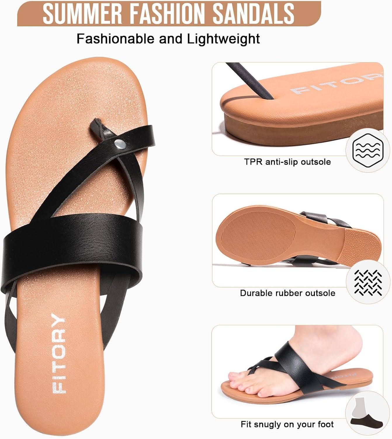 imageFITORY Womens Flat Sandals With Casual Fashion Slides and Flip Flops Split Toes Style for Lady Summer Size 611Roundblack