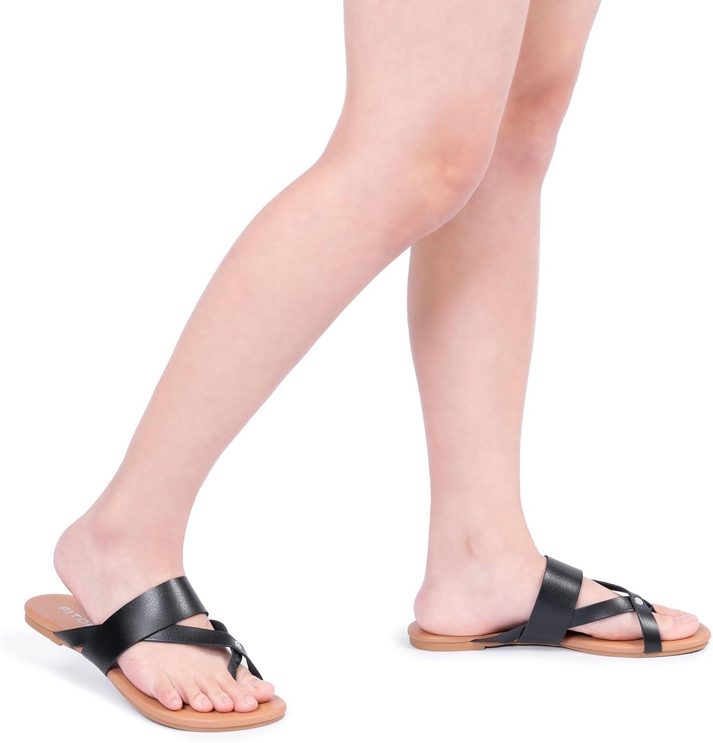 imageFITORY Womens Flat Sandals With Casual Fashion Slides and Flip Flops Split Toes Style for Lady Summer Size 611Roundblack