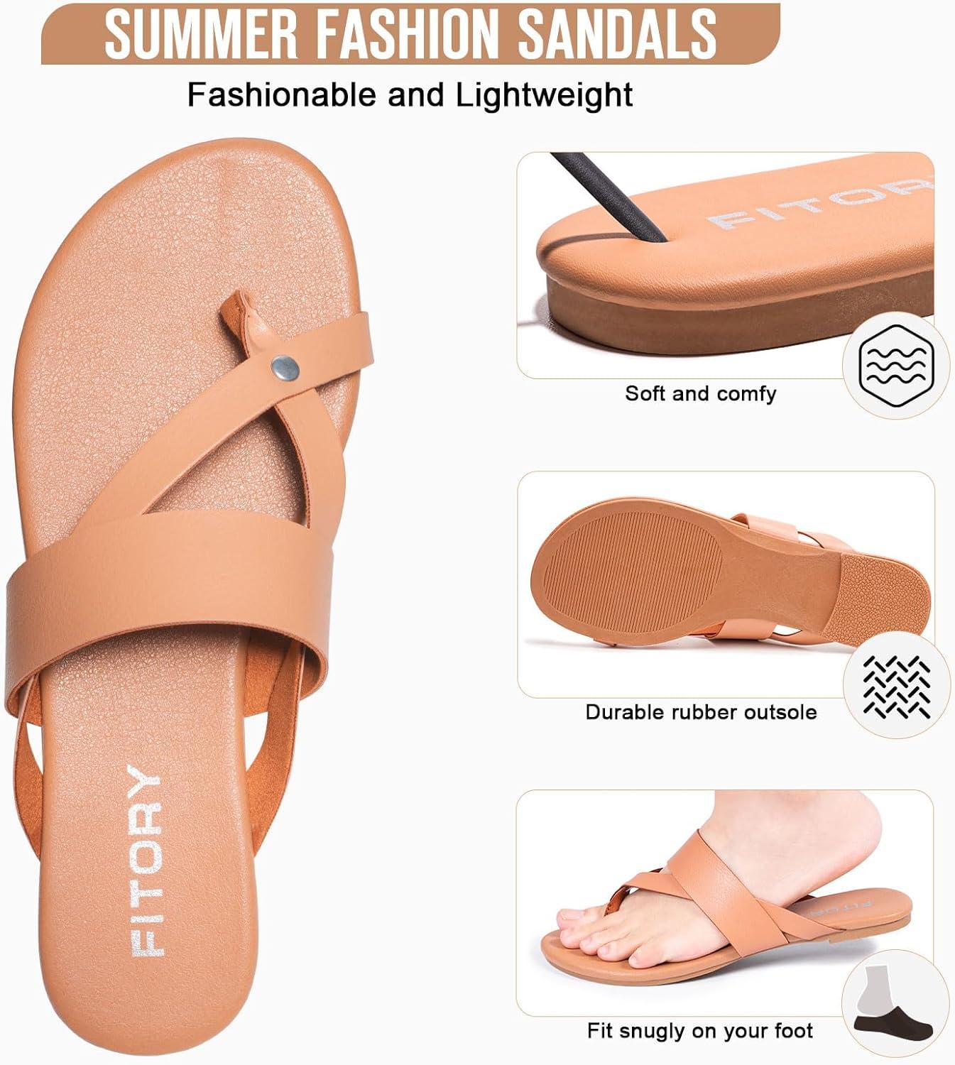imageFITORY Womens Flat Sandals With Casual Fashion Slides and Flip Flops Split Toes Style for Lady Summer Size 611Roundcamel