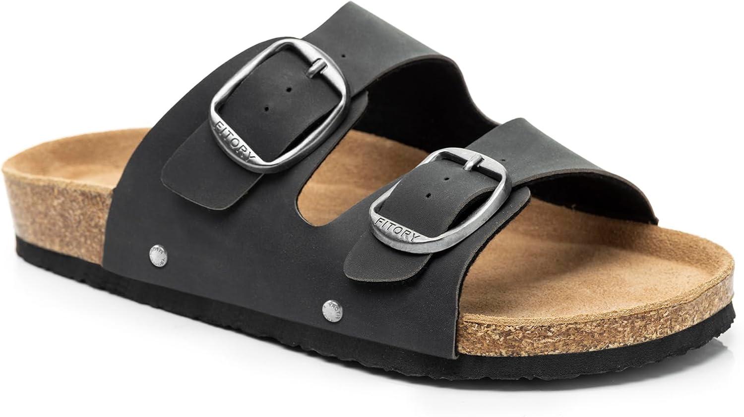 imageFITORY Womens Flat Sandals with Cork Footbed Open Toe Slides Adjustable Slip On Slippers for Summer Size 611Black