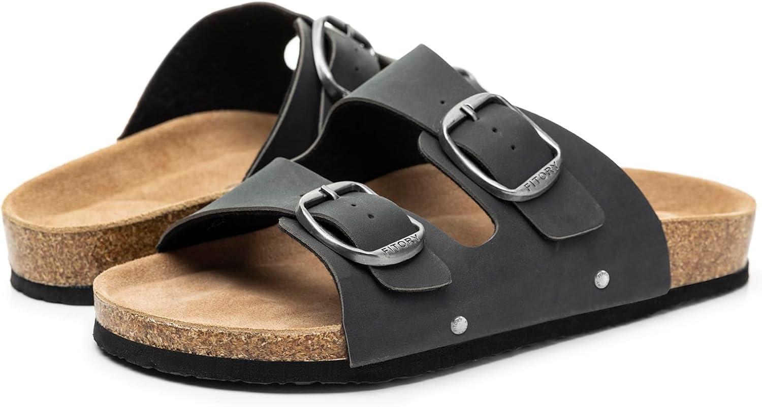imageFITORY Womens Flat Sandals with Cork Footbed Open Toe Slides Adjustable Slip On Slippers for Summer Size 611Black