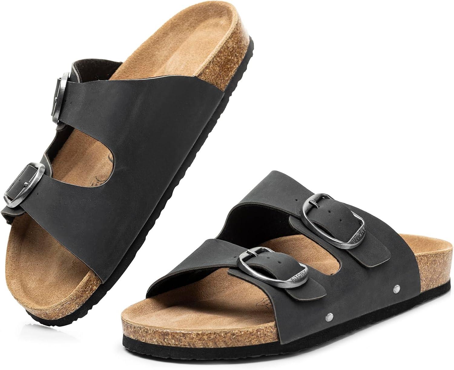 imageFITORY Womens Flat Sandals with Cork Footbed Open Toe Slides Adjustable Slip On Slippers for Summer Size 611Black