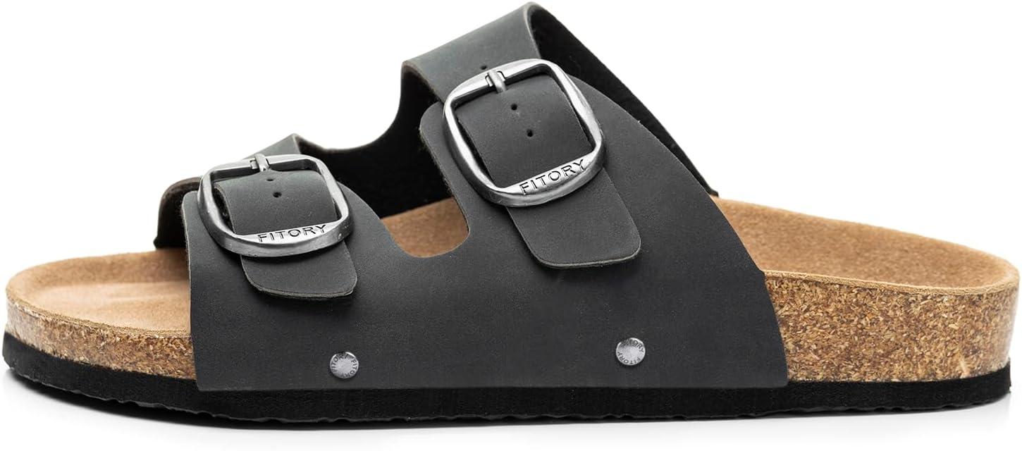 imageFITORY Womens Flat Sandals with Cork Footbed Open Toe Slides Adjustable Slip On Slippers for Summer Size 611Black