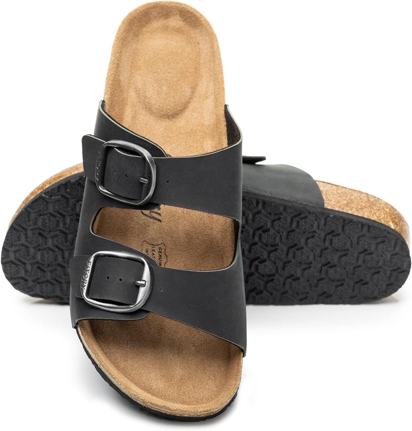 imageFITORY Womens Flat Sandals with Cork Footbed Open Toe Slides Adjustable Slip On Slippers for Summer Size 611Black