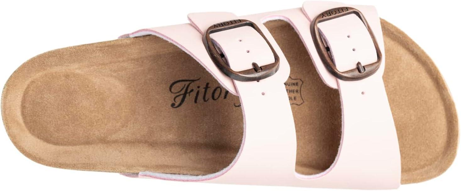 imageFITORY Womens Flat Sandals with Cork Footbed Open Toe Slides Adjustable Slip On Slippers for Summer Size 611Pink