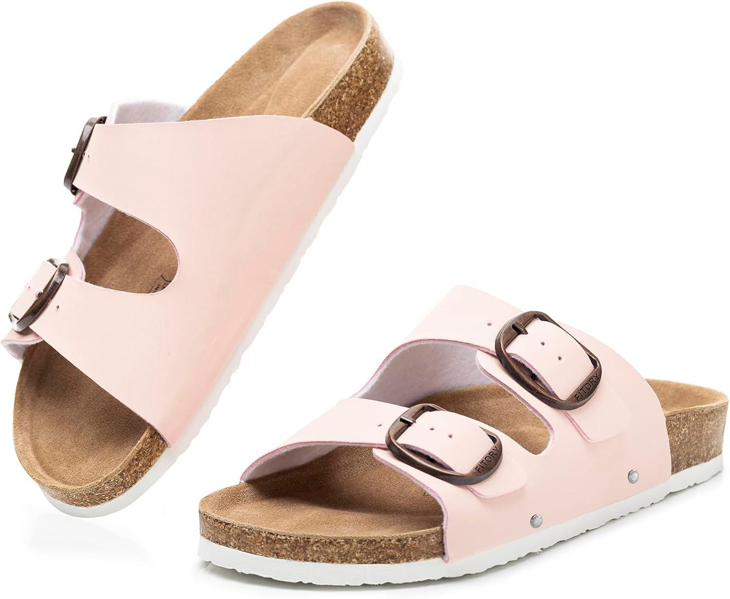 imageFITORY Womens Flat Sandals with Cork Footbed Open Toe Slides Adjustable Slip On Slippers for Summer Size 611Pink