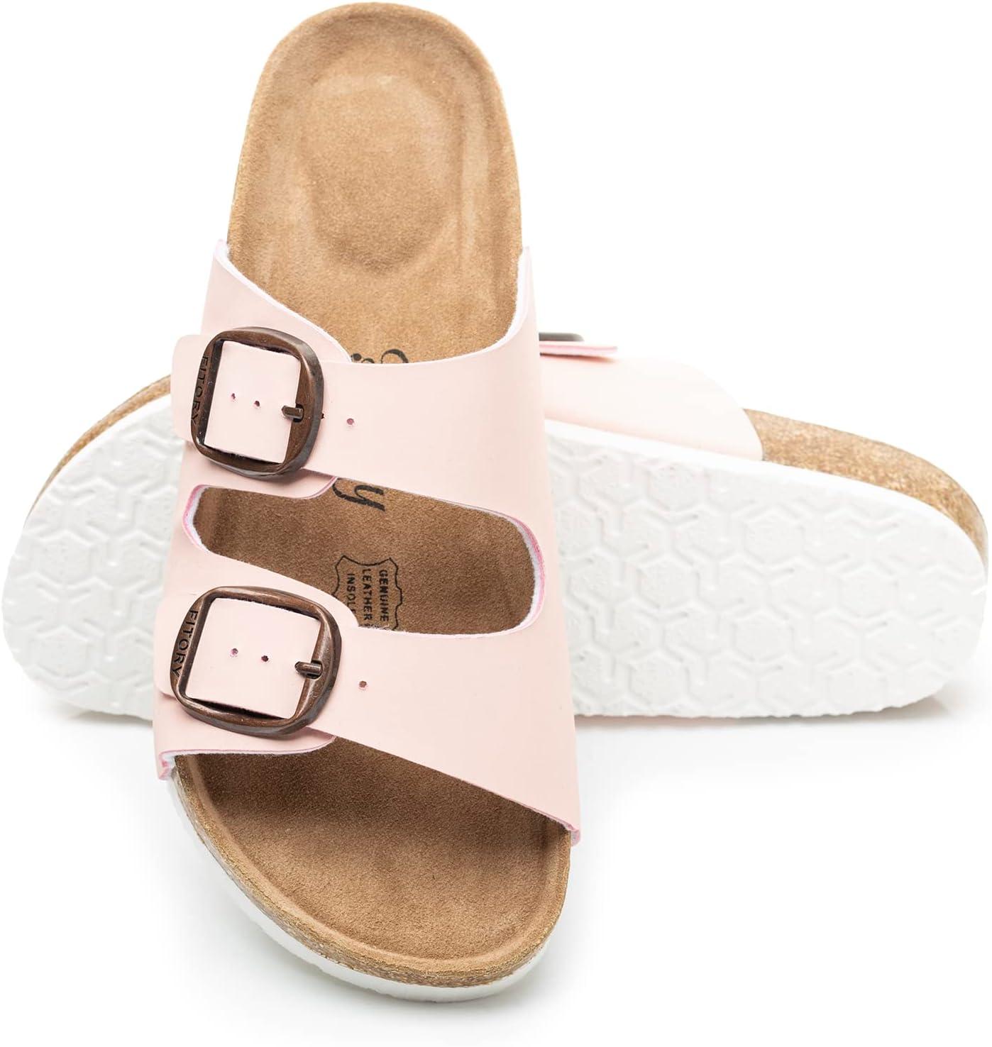 imageFITORY Womens Flat Sandals with Cork Footbed Open Toe Slides Adjustable Slip On Slippers for Summer Size 611Pink