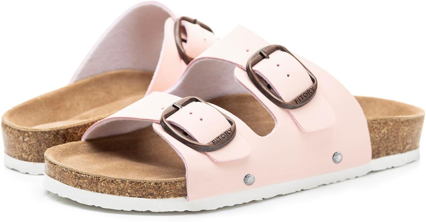 imageFITORY Womens Flat Sandals with Cork Footbed Open Toe Slides Adjustable Slip On Slippers for Summer Size 611Pink
